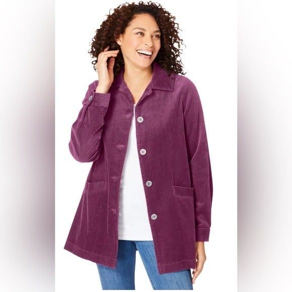 Woman Within Shacket Women's 1X Pockets Long Sleeve Button Up Corduroy Purple - Picture 1 of 12